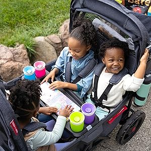 Top view of 3 kids inside wagon
