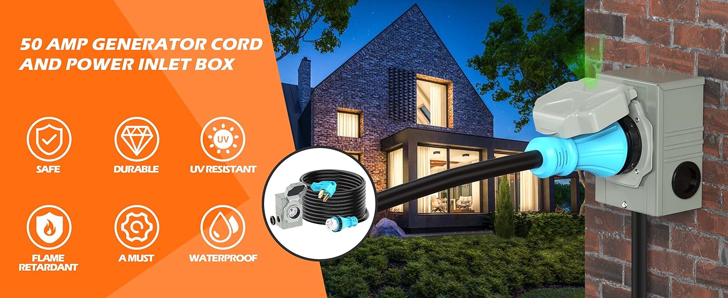 50 Amp 10 Feet Generator Cord and Power Inlet Box Combo Kit NEMA 14-50P Male to SS2-50R STW 6/3+8/1 AWG 125/250V Twist Locking with Inlet Box for Generator to House