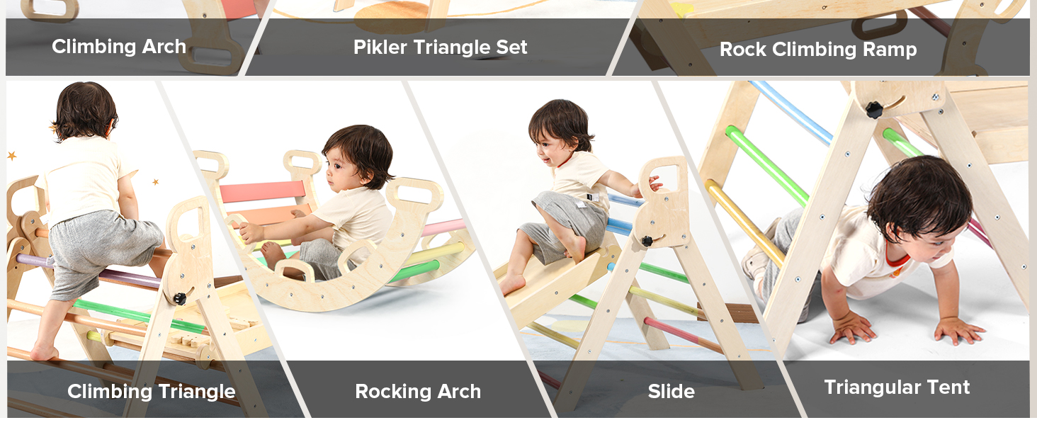 Pikler Triangle Set 7in1 Foldable Baby Climbing Toys Wooden Montessori Climbing Set with Arch&Ramp&Ladder Baby Climber Indoor Jungle Gyms for Toddlers Montessori Toys - Rainbow