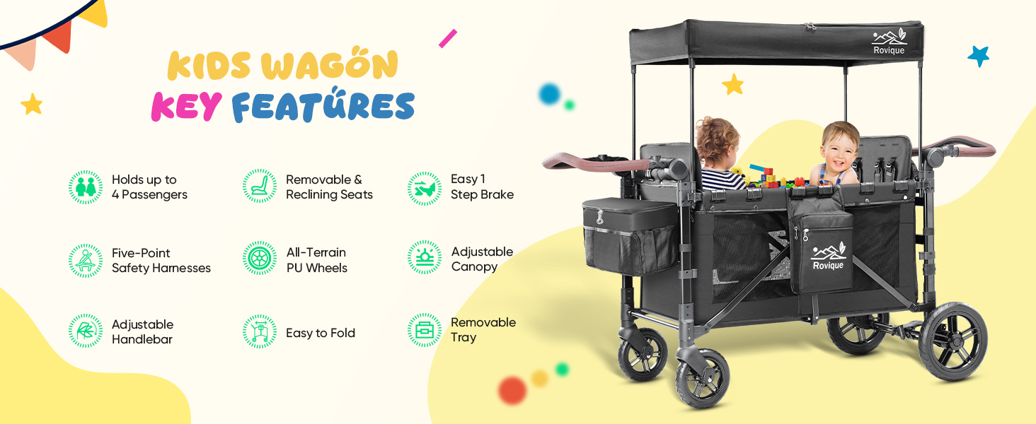 4 Seater Wagon Stroller,Foldable All-Terrain Quad Wagon Stroller with Canopy,Detachable Tray,Adjustable Handle,High Seat & Large Storage,Black 4 Seater Wagon Stroller,Foldable All-Terrain Quad Wagon Stroller with Canopy,Detachable Tray,Adjustable Handle,High Seat & Large Storage,Black