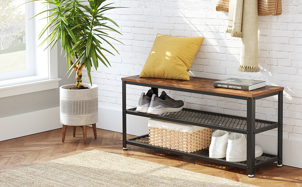VASAGLE Shoe Bench,Shoe Rack with 2 Shelves,Shoe Organiser,100 x 30 x 45 cm,Entryway Living Room Hallway,Steel Structure,Industrial Style,Rustic Brown and Black LBS078B01