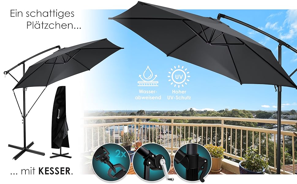KESSER? Aluminium Cantilever Parasol + Cover Diameter 350 cm and Crank Device Crank Umbrella with Stand UV Protection Aluminium Water-Repellent Canopy 360?? Function Garden Umbrella Market Umbrella
