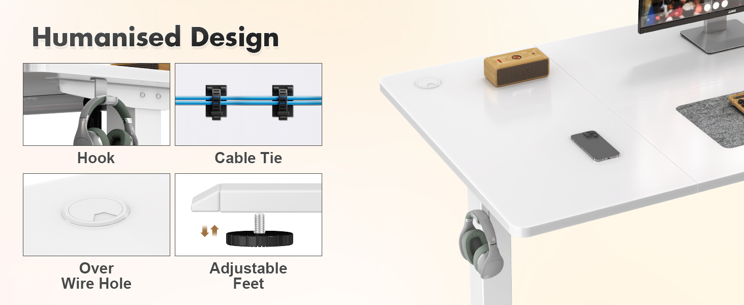 Devoko Electric Standing Desk 120x60cm Sit Stand Height Adjustable Desk with Steel Table Frame Backpack Hook and Memory Smart Pannel,White