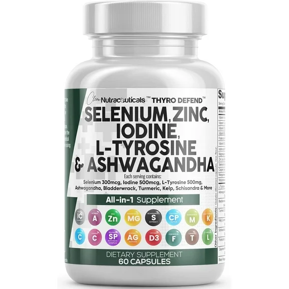 Clean Nutraceuticals Selenium Zinc Iodine L Tyrosine Ashwagandha - Thyroid Support Supplement for Women & Men w/Bladderwrack, Turmeric, Kelp, Schisandra - 60 Capsules - Kansas Nuitrition